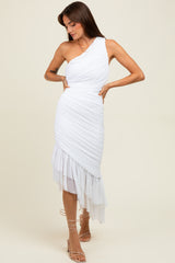 White Ruched Mesh One Shoulder Asymmetric Maternity Dress