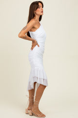 White Ruched Mesh One Shoulder Asymmetric Dress
