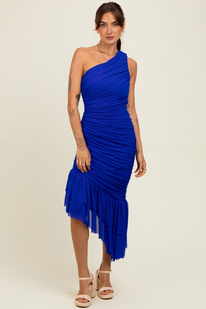 Royal Ruched Mesh One Shoulder Asymmetric Dress– PinkBlush