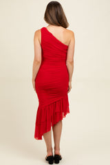 Red Ruched Mesh One Shoulder Asymmetric Maternity Dress