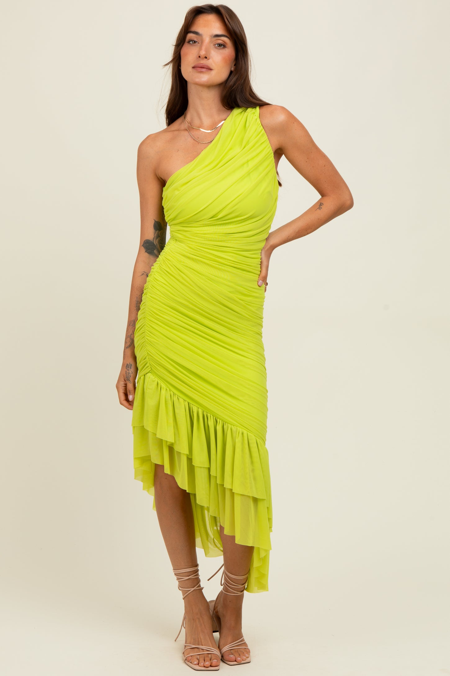 Lime Ruched Mesh One Shoulder Asymmetric Dress