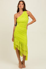 Lime Ruched Mesh One Shoulder Asymmetric Dress