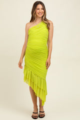 Lime Ruched Mesh One Shoulder Asymmetric Maternity Dress
