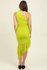 Lime Ruched Mesh One Shoulder Asymmetric Maternity Dress