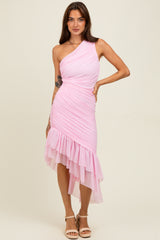 Light Pink Ruched Mesh One Shoulder Asymmetric Dress