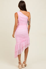 Light Pink Ruched Mesh One Shoulder Asymmetric Dress