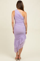 Lavender Ruched Mesh One Shoulder Asymmetric Maternity Dress