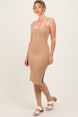 Camel Ribbed Button Midi Dress