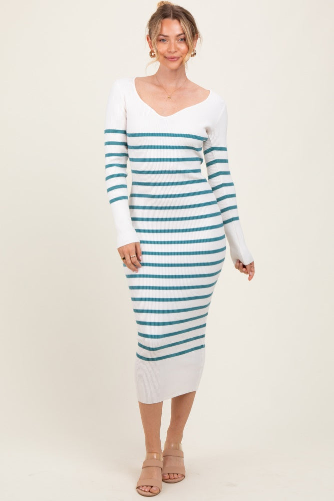 Teal Ribbed Knit Striped Long Sleeve Sweater Dress