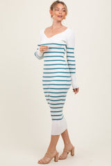 Teal Ribbed Knit Striped Long Sleeve Sweater Dress