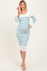 Teal Ribbed Knit Striped Long Sleeve Maternity Sweater Dress