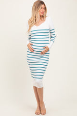 Teal Ribbed Knit Striped Long Sleeve Maternity Sweater Dress