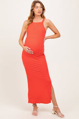 Coral Ribbed Fitted Side Slit Maternity Midi Dress