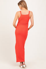Coral Ribbed Fitted Side Slit Maternity Midi Dress