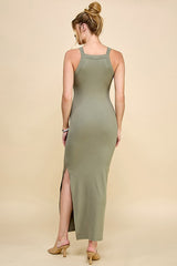 Light Olive Ribbed Fitted Side Slit Midi Dress
