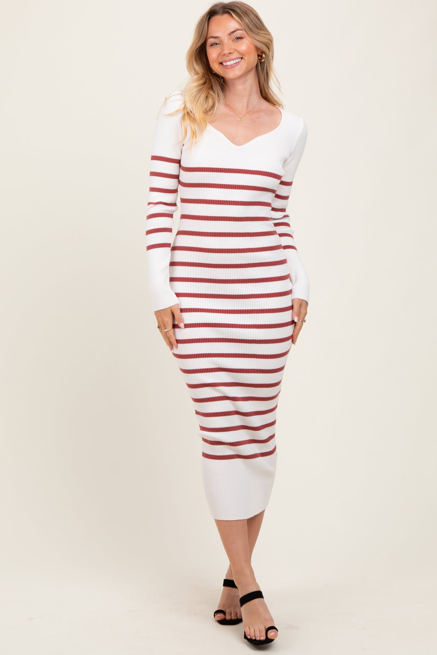 Mauve Ribbed Knit Striped Long Sleeve Maternity Sweater Dress