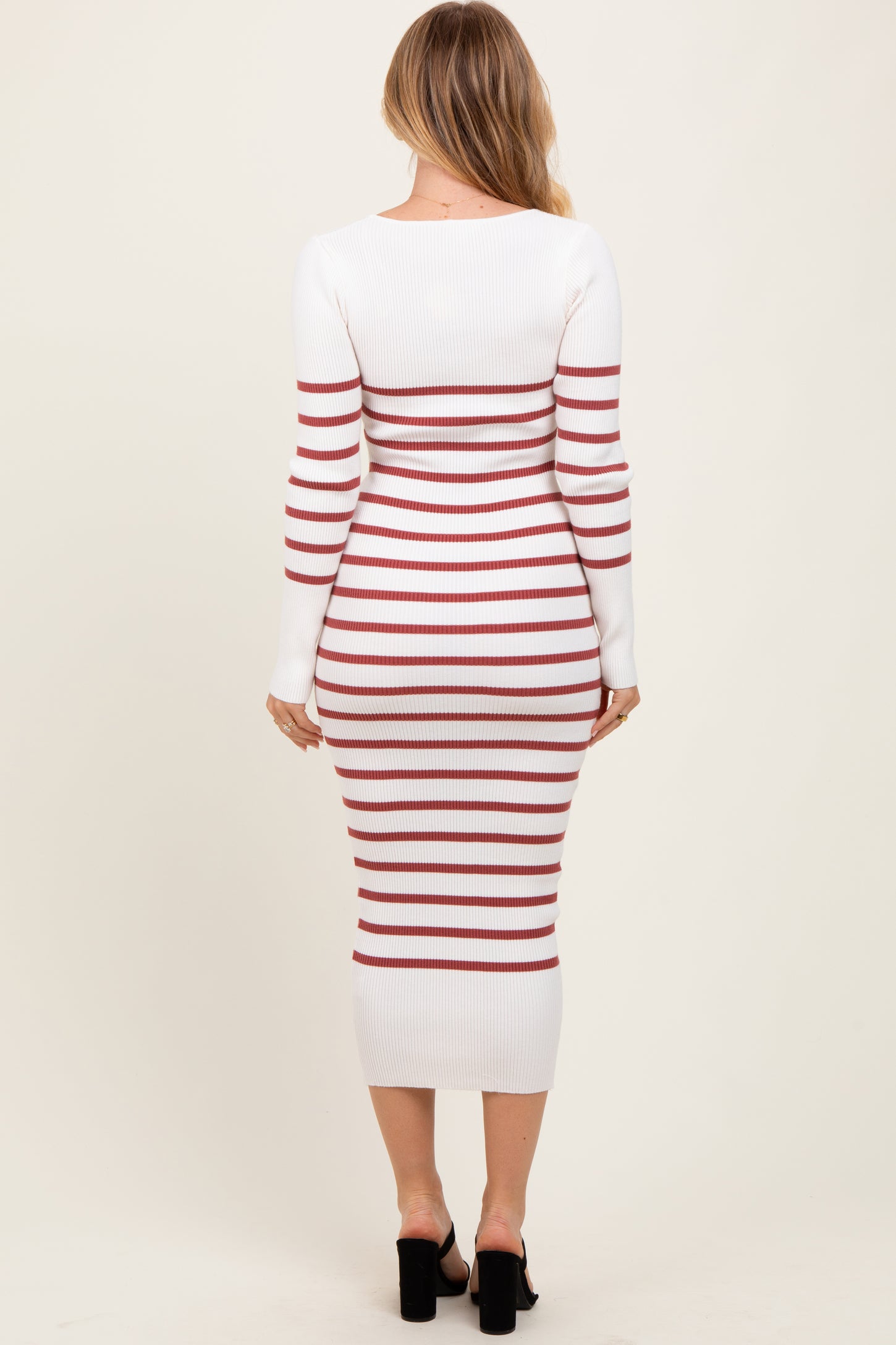 Mauve Ribbed Knit Striped Long Sleeve Sweater Dress PinkBlush Mauve Ribbed Knit Striped Long Sleeve Sweater Dress PinkBlush