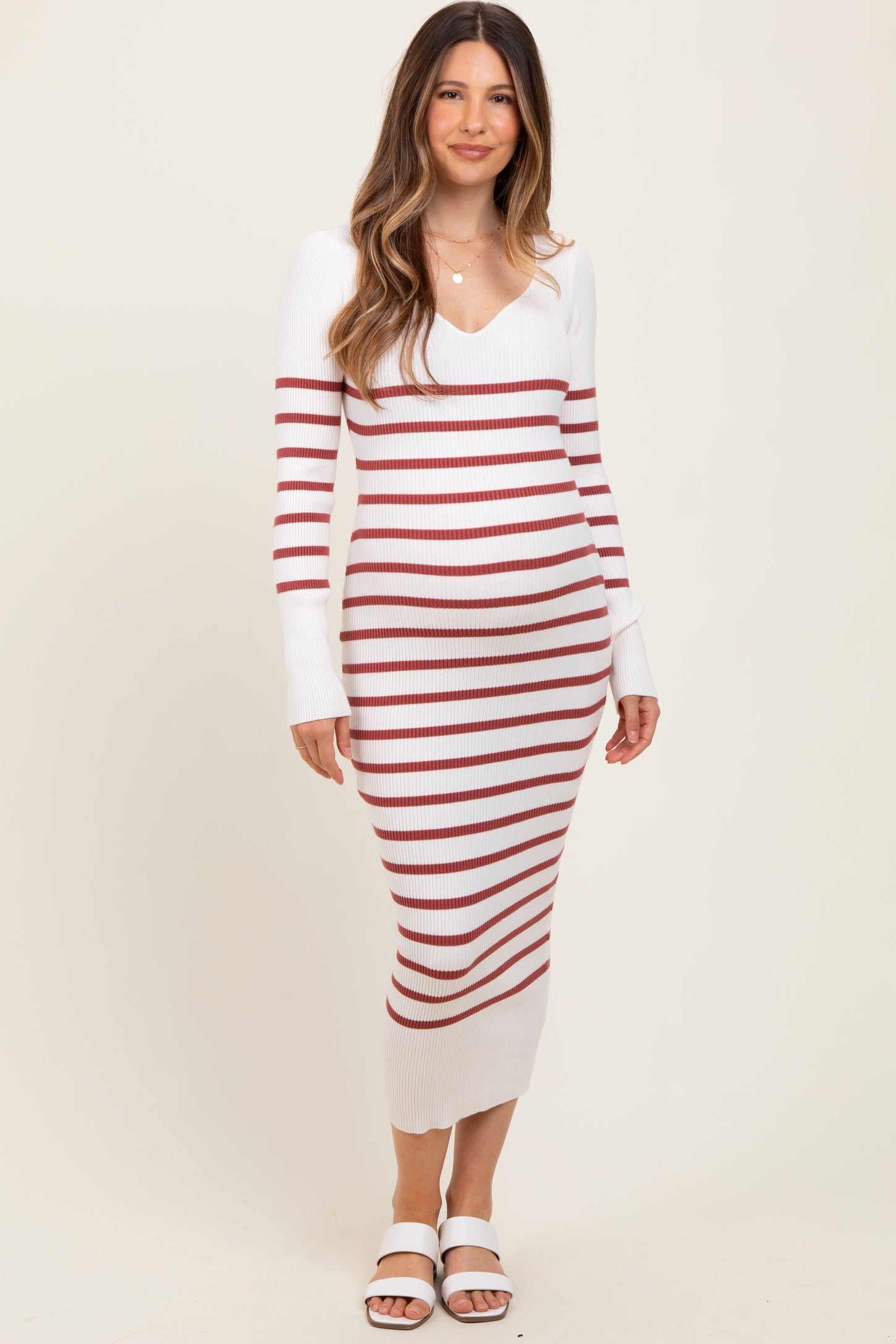 Mauve Ribbed Knit Striped Long Sleeve Maternity Sweater Dress
