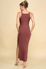 Rust Ribbed Fitted Side Slit Midi Dress
