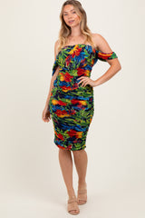 Black Tropical Mesh Ruched Off Shoulder Dress