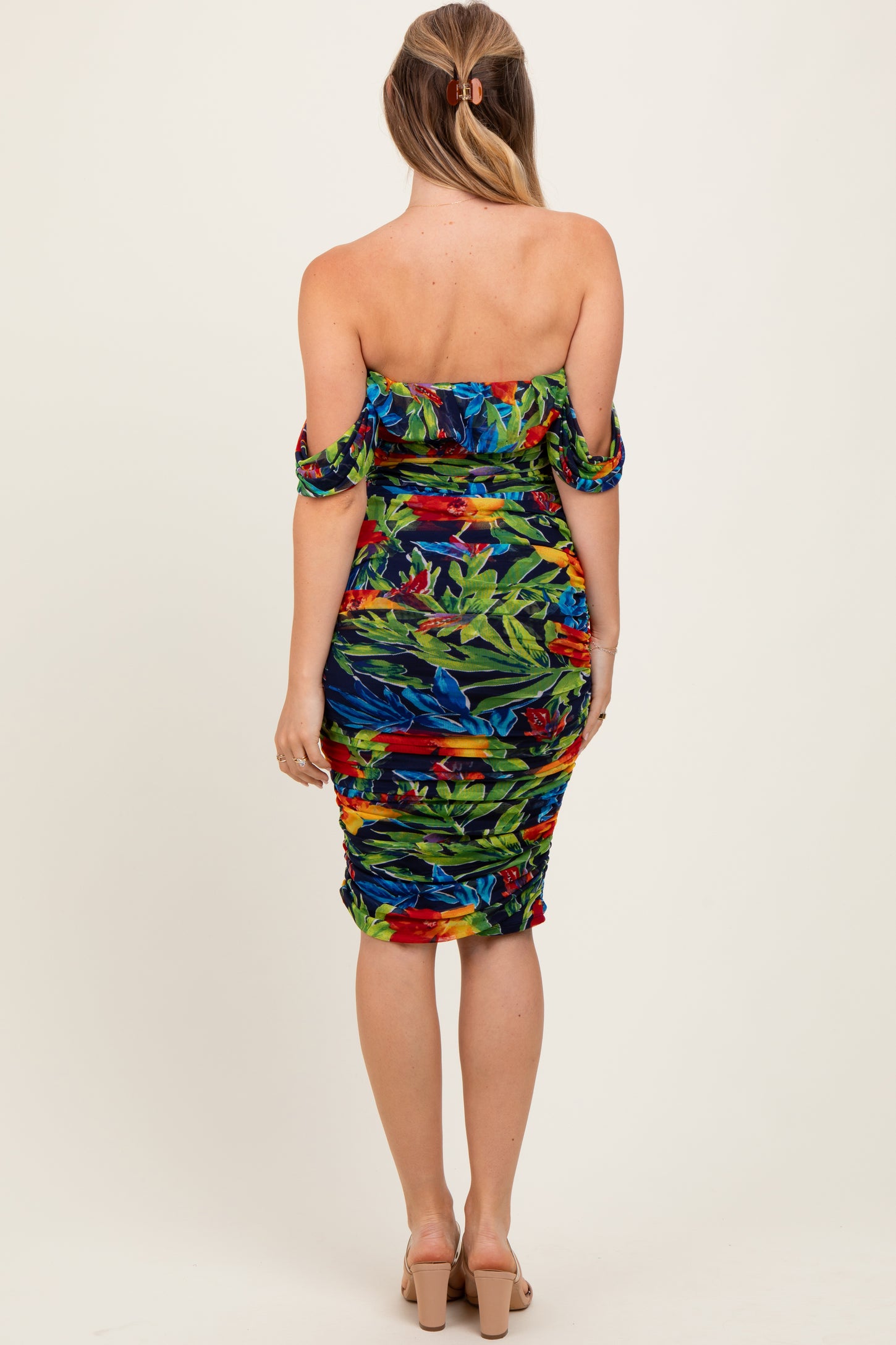 mesh ruched off the shoulder dress Off Shoulder Ruched Mesh Bodycon Dress, Blue / XS