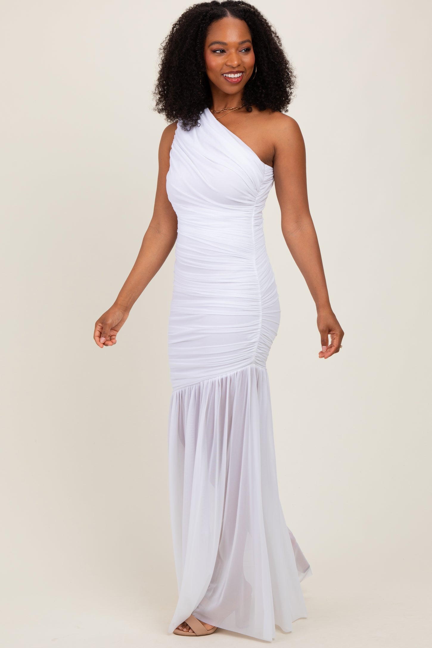 White Ruched Mesh One Shoulder Maxi Dress White Ruched Mesh One Shoulder Maxi Dress