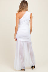 White Ruched Mesh One Shoulder Maternity Maxi Dress