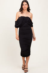 Black Off Shoulder Draped Ruched Maternity Midi Dress