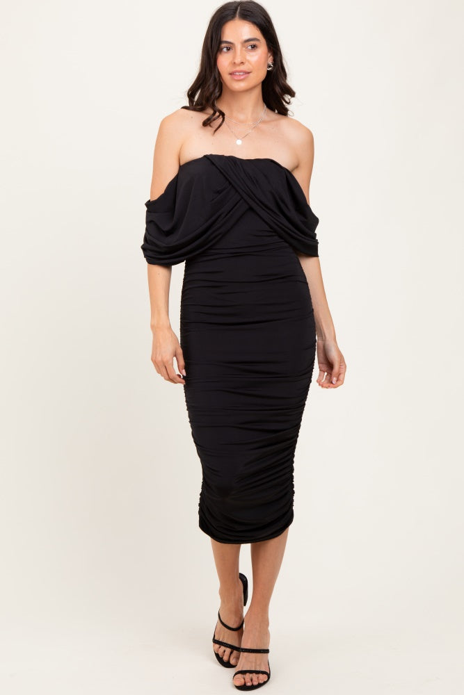 Black Off Shoulder Draped Ruched Midi Dress