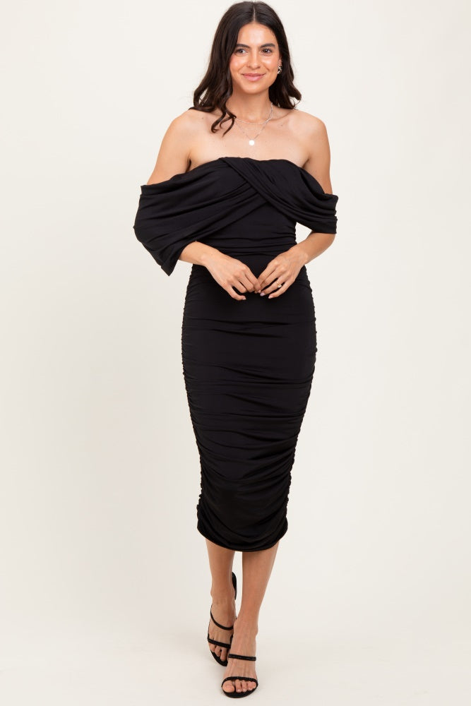 Black Off Shoulder Draped Ruched Midi Dress Black Off Shoulder Draped Ruched Midi Dress