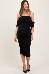 Black Off Shoulder Draped Ruched Maternity Midi Dress