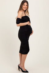 Black Off Shoulder Draped Ruched Maternity Midi Dress