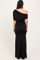 Black Off Shoulder Foldover Ruched Maxi Dress