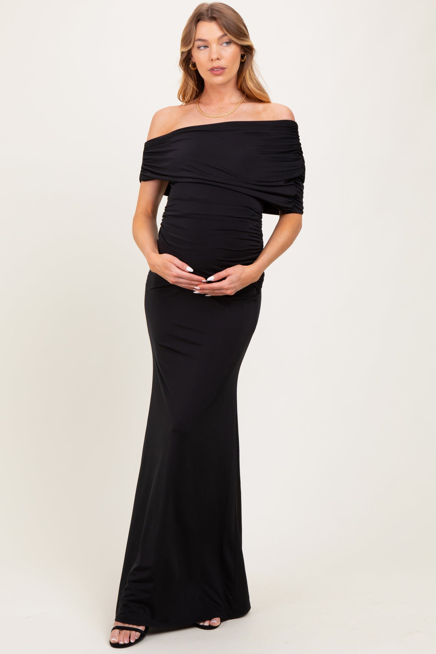 Black Off Shoulder Foldover Ruched Maternity Maxi Dress