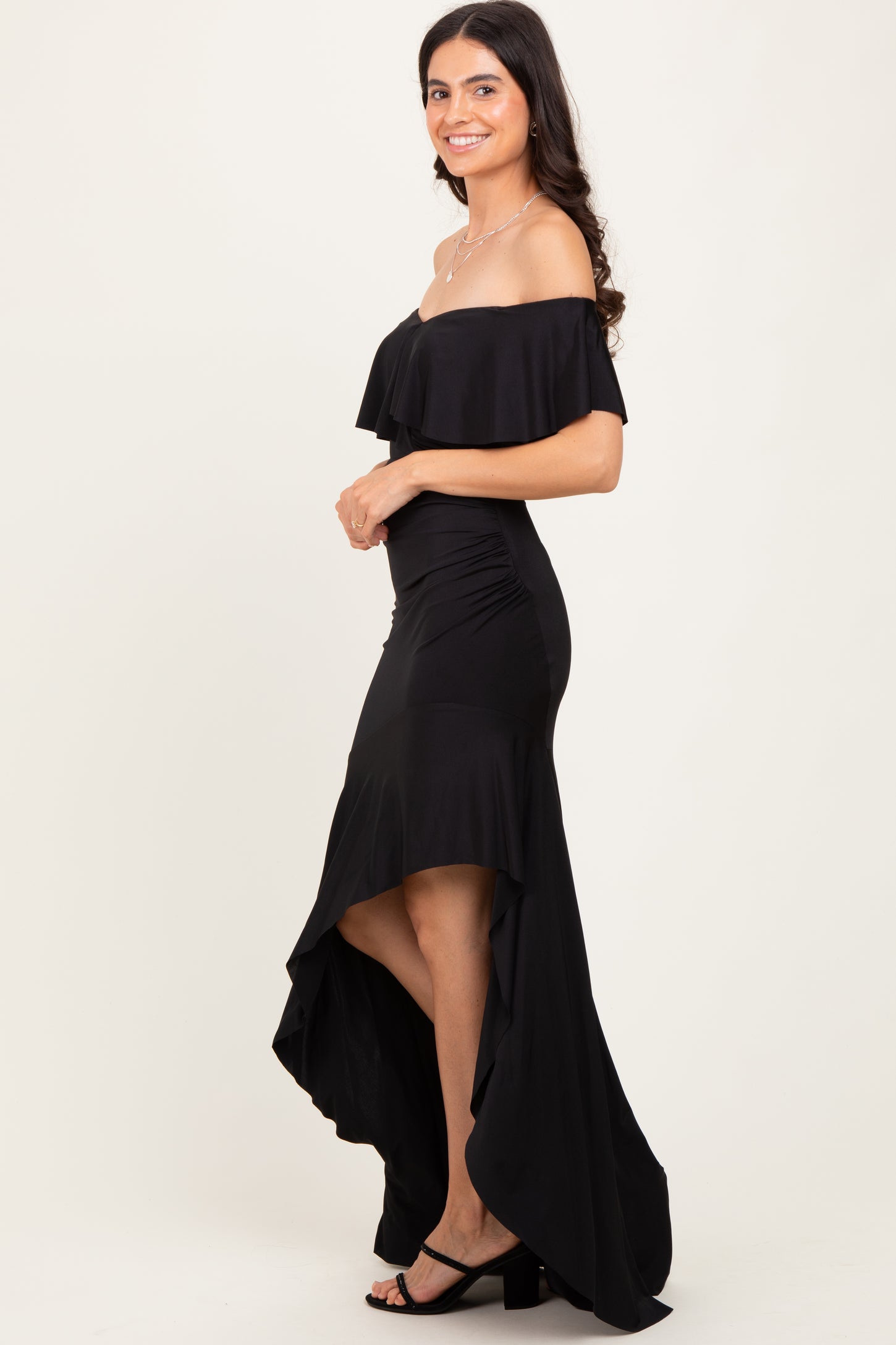 Black Off Shoulder Ruffle Hi-Low Maxi Dress