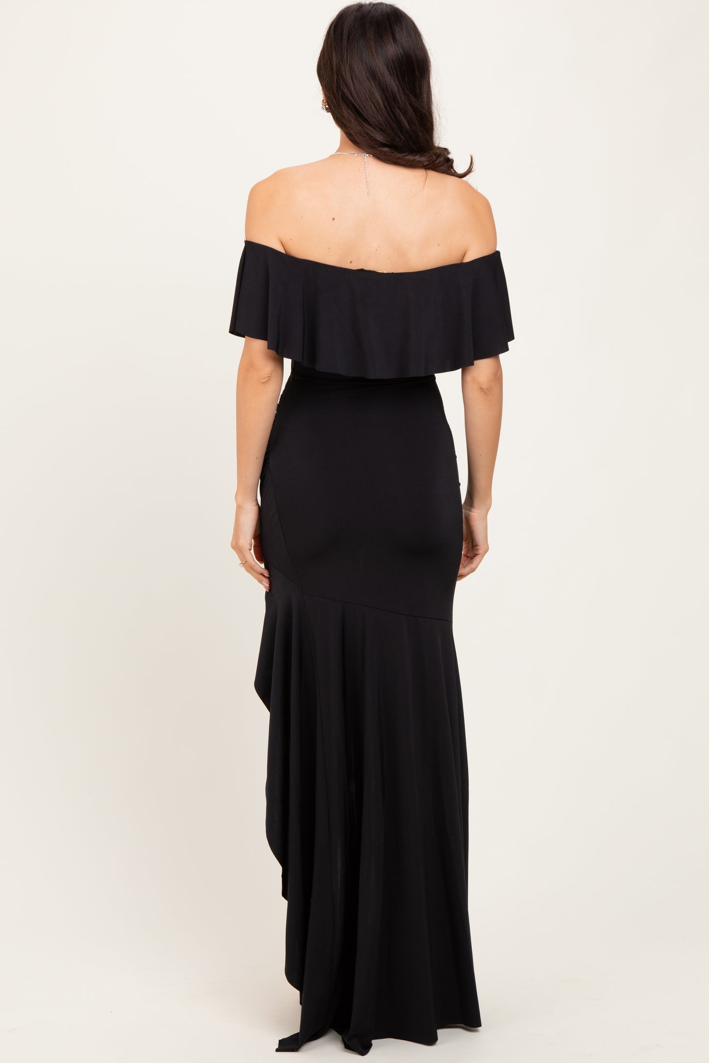 black off the shoulder ruffle dress Long Black Ruffle Prom Dress: Blondie Nites 5390BN Black / 0