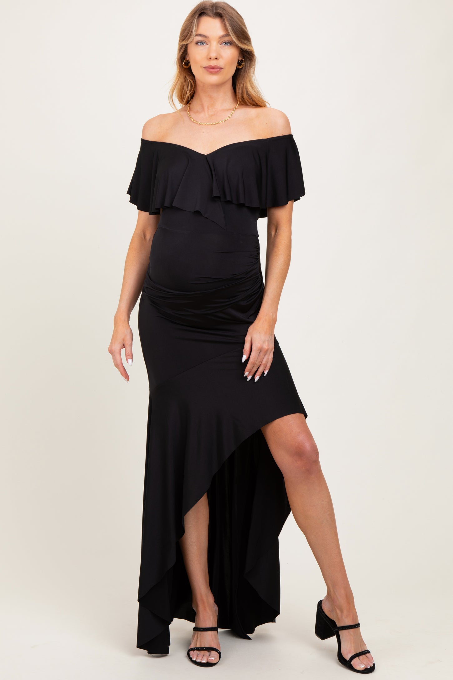 Black Off Shoulder Ruffle Hi-Low Maternity Maxi Dress – PinkBlush