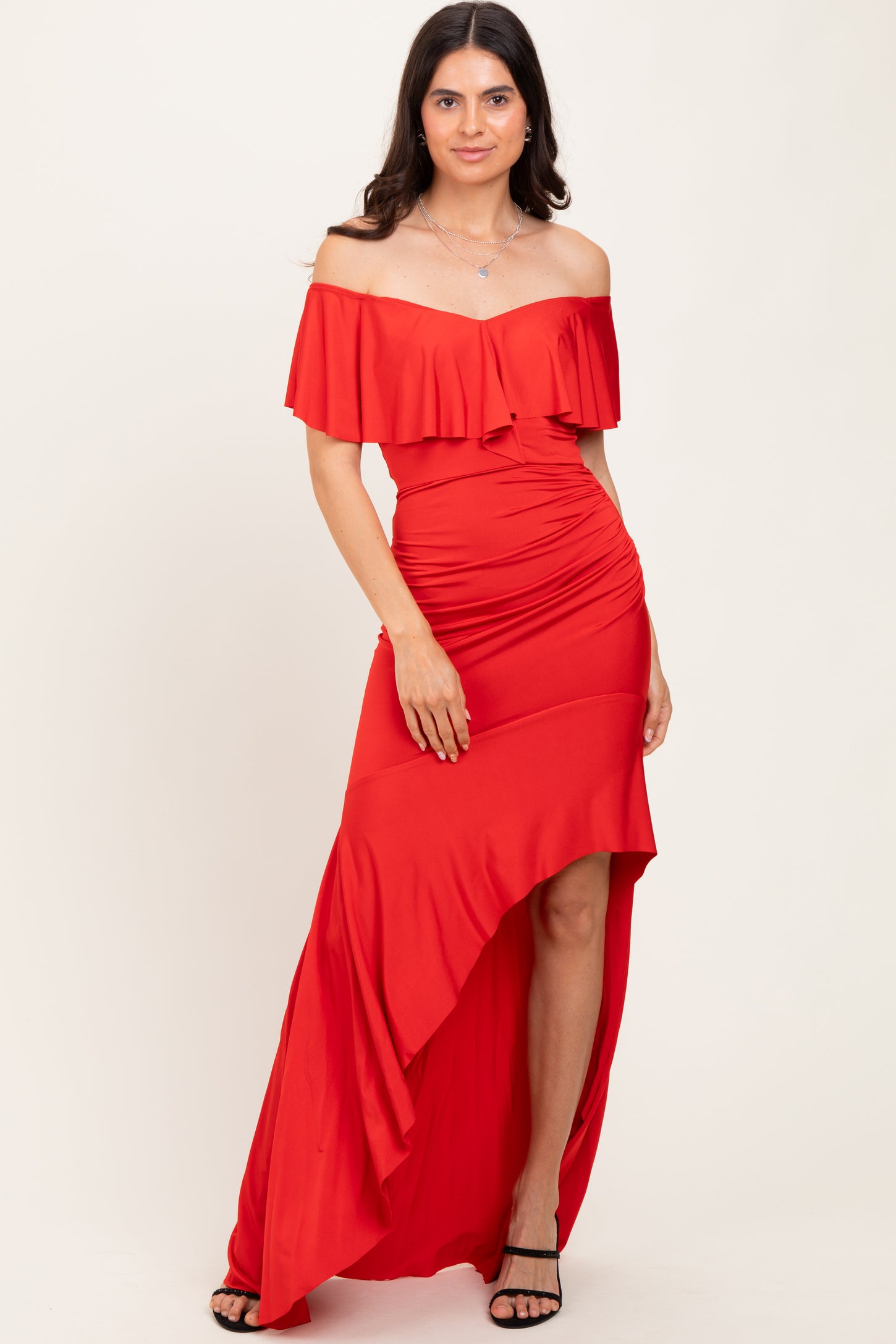 Red Off Shoulder Ruffle Hi-Low Maxi Dress