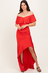 Red Off Shoulder Ruffle Hi-Low Maxi Dress