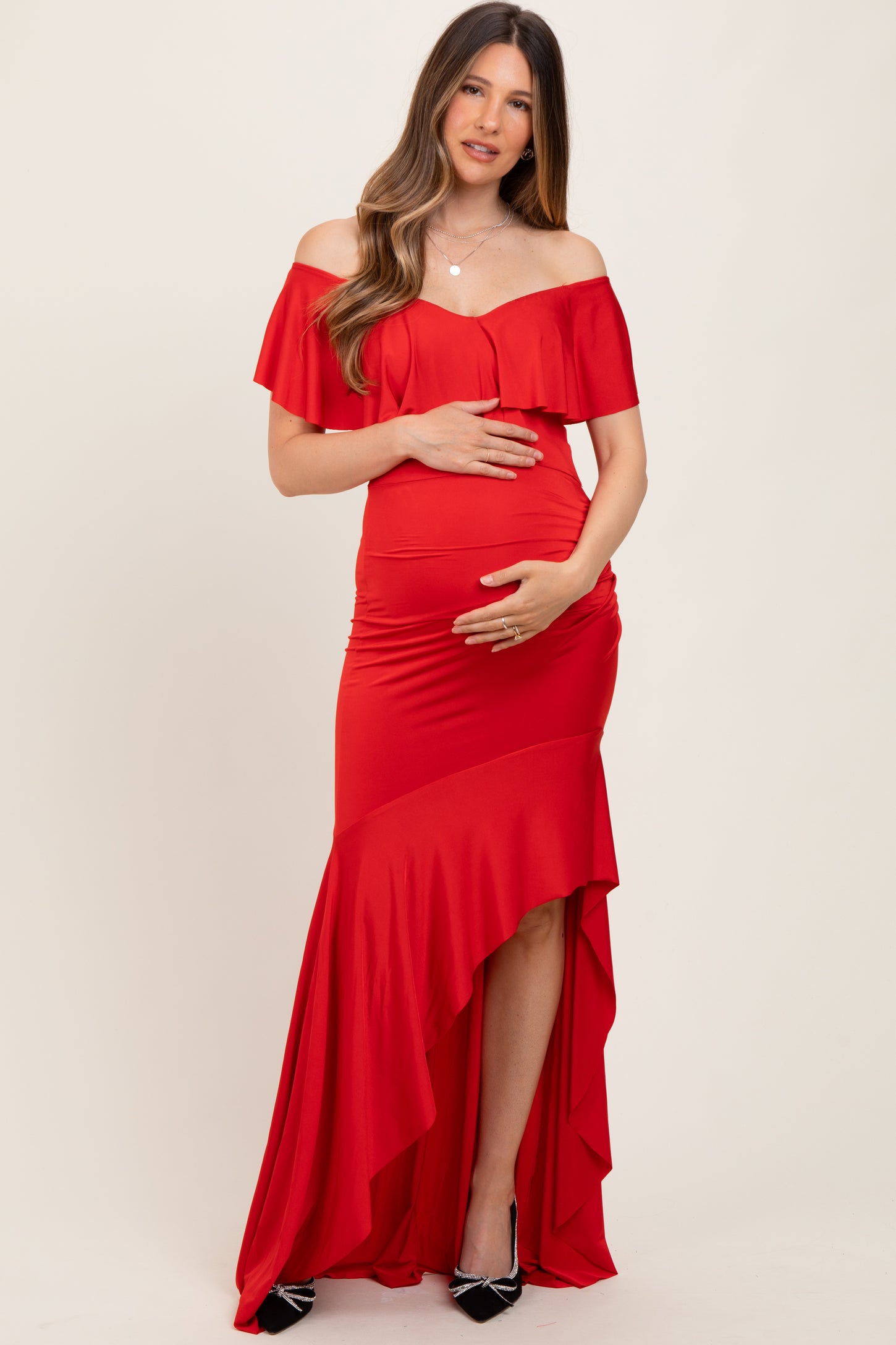 Red Off Shoulder Ruffle Hi-Low Maternity Maxi Dress PinkBlush Red Off Shoulder Ruffle Hi-Low Maternity Maxi Dress PinkBlush
