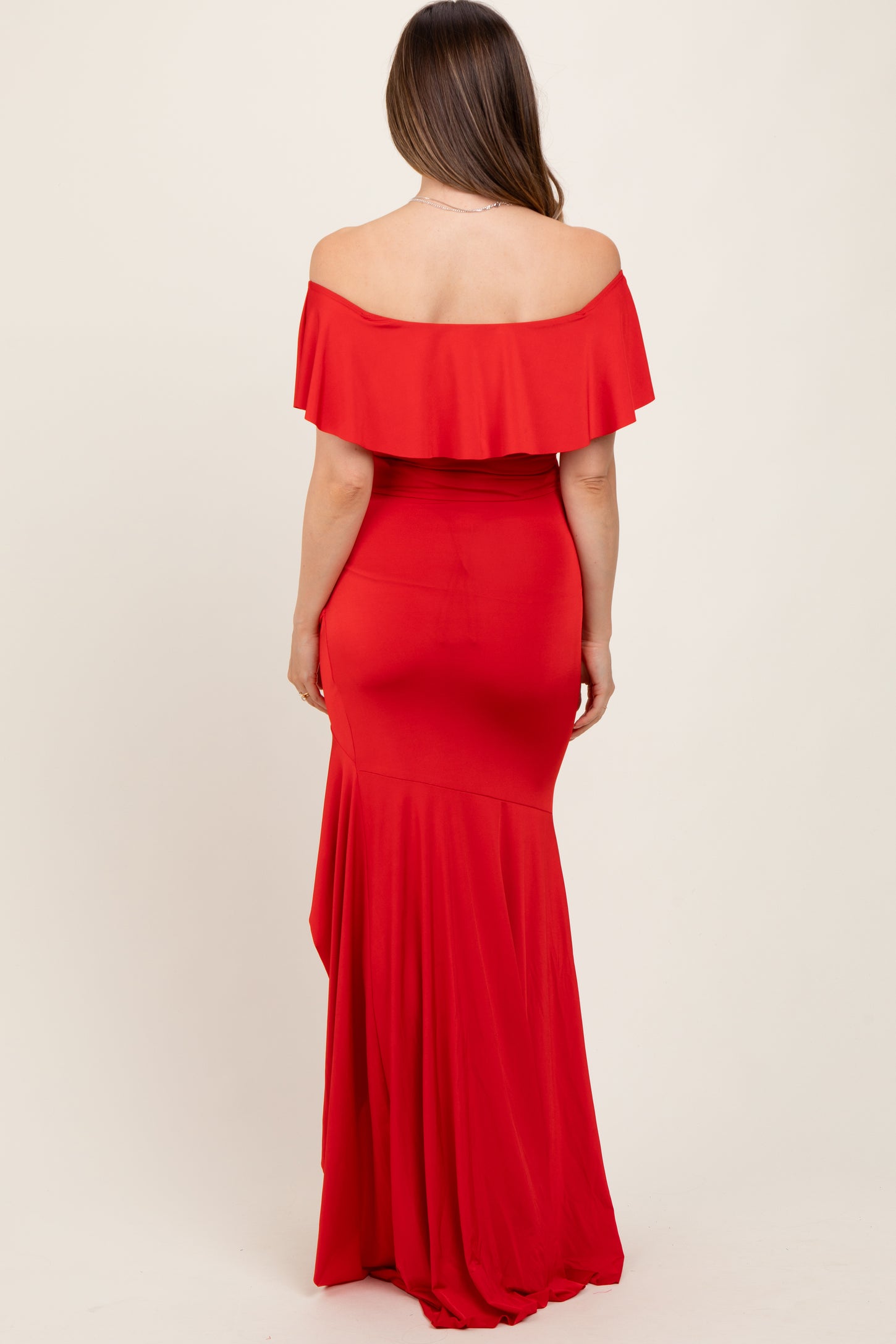 red off shoulder maternity dress Red Off Shoulder Ruffle Hi-Low Maternity Maxi Dress