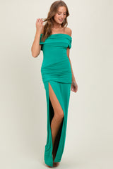 Green Foldover Off Shoulder Ruched High Slit Maxi Dress