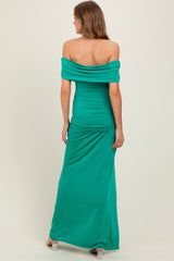 Green Foldover Off Shoulder Ruched High Slit Maxi Dress