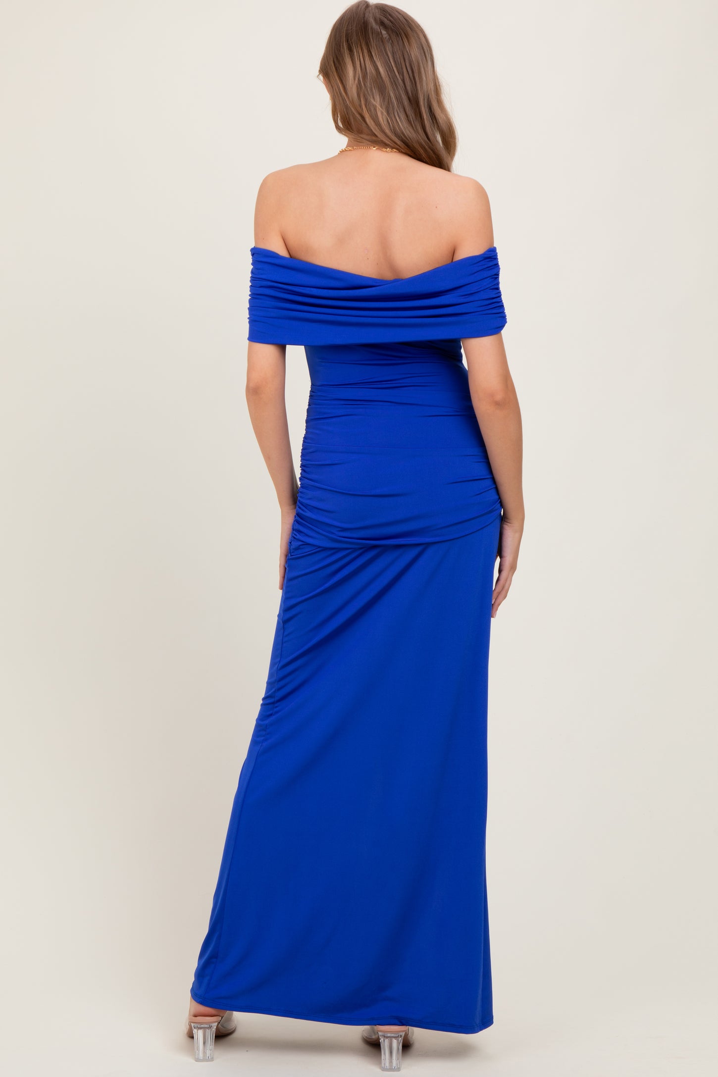 Royal Foldover Off Shoulder Ruched High Slit Maxi Dress
