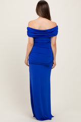 Royal Foldover Off Shoulder Ruched High Slit Maternity Maxi Dress