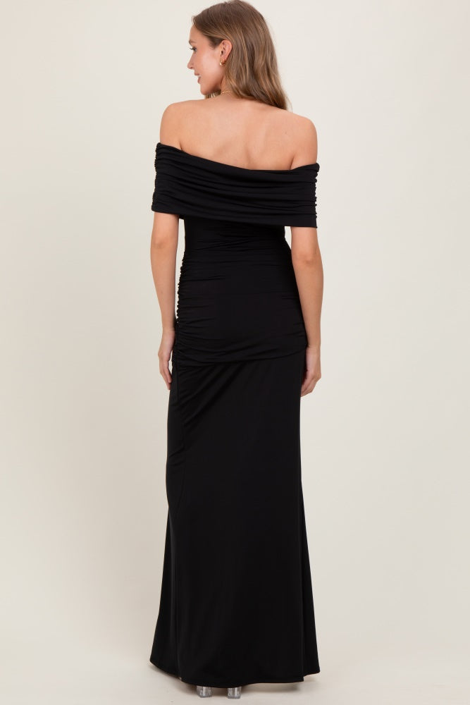 Black Foldover Off Shoulder Ruched High Slit Maxi Dress