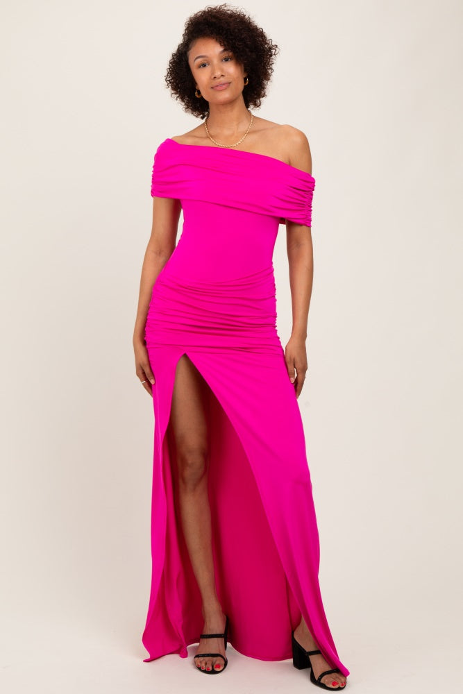 Fuchsia Foldover Off Shoulder Ruched High Slit Maxi Dress Fuchsia Foldover Off Shoulder Ruched High Slit Maxi Dress