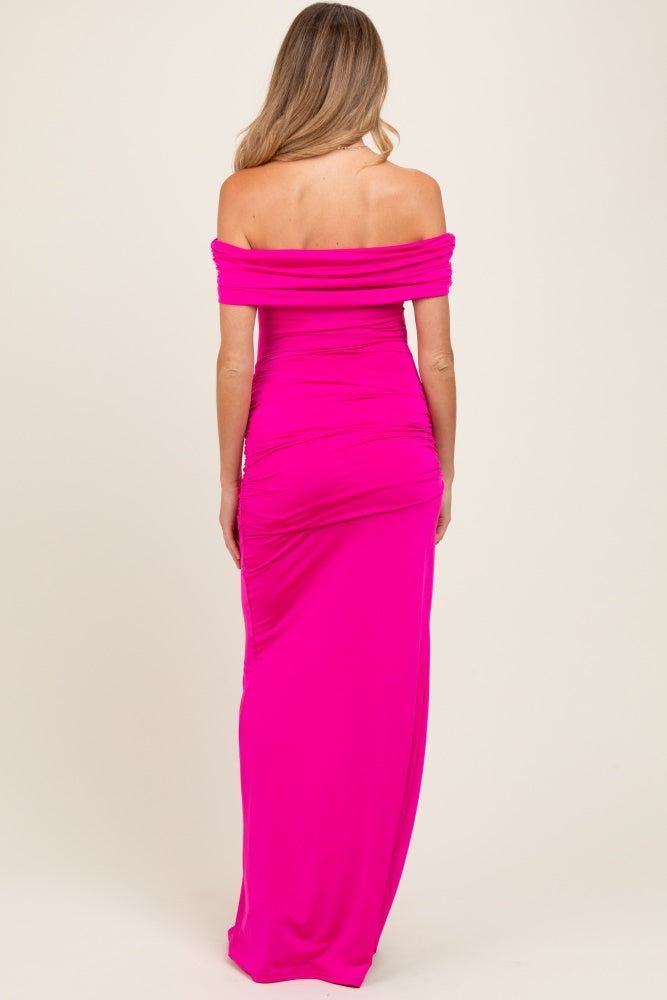Fuchsia Foldover Off Shoulder Ruched High Slit Maternity Maxi Dress
