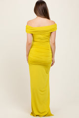 Lime Foldover Off Shoulder Ruched High Slit Maternity Maxi Dress