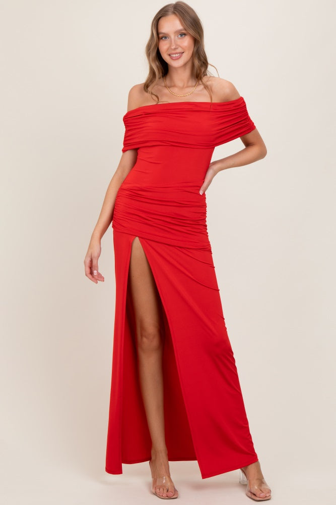 Red Foldover Off Shoulder Ruched High Slit Maternity Maxi Dress PinkBlush Red Foldover Off Shoulder Ruched High Slit Maternity Maxi Dress PinkBlush